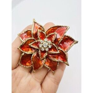 Enamel Poinsettia Brooch With Rhinestones